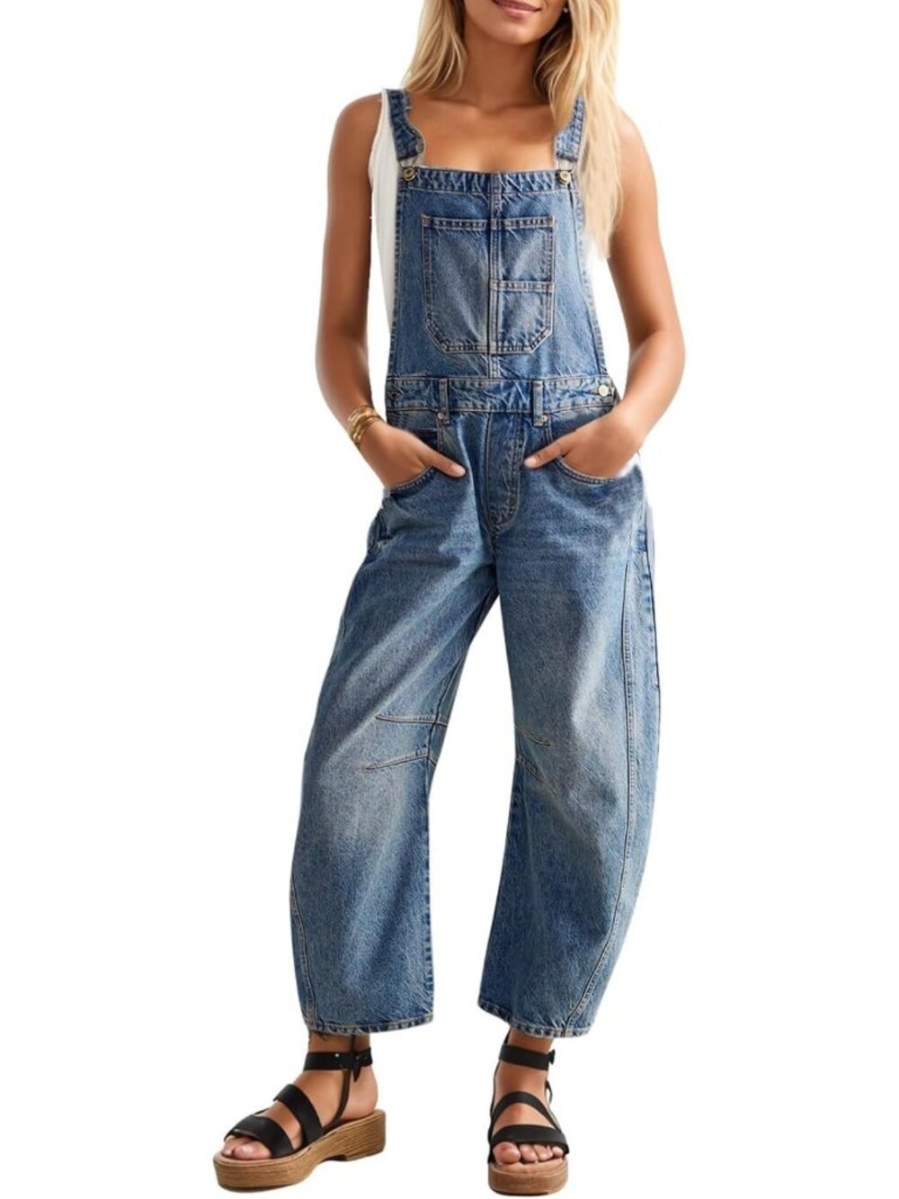 Stylish Women's Denim Bib Overalls with Adjustable Straps | Barrel Leg Jean